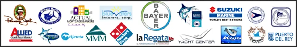 Sponsor logos including Panama Jack, West Marine, Actual Mortgage Bankers, Bluewaters Insurers, Bayer, Suzuki Marine, Puerto Del Rey, Allied Car and Truck Rental, La Regata, Yacht Center, Mojo and Cangrejeros