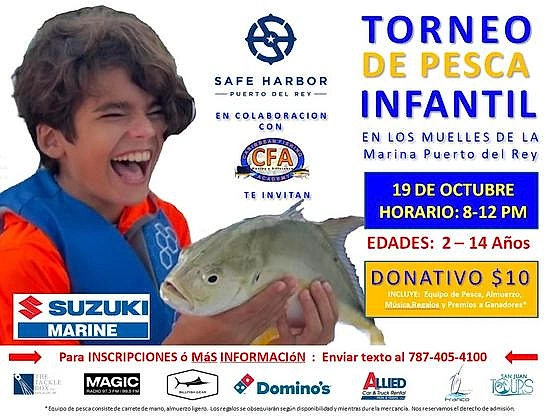 Flyer for the Torneo de Pesca Infantil kids fishing tournament, October 19, 8am to 12pm