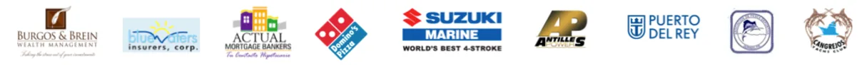 Logos of Caribbean Fishing Academy sponsors: Suzuki Marine, Puerto Del Rey, Actual Mortgage Bankers, Bluewaters Insurers, Domino's Pizza, Antilles Power and more